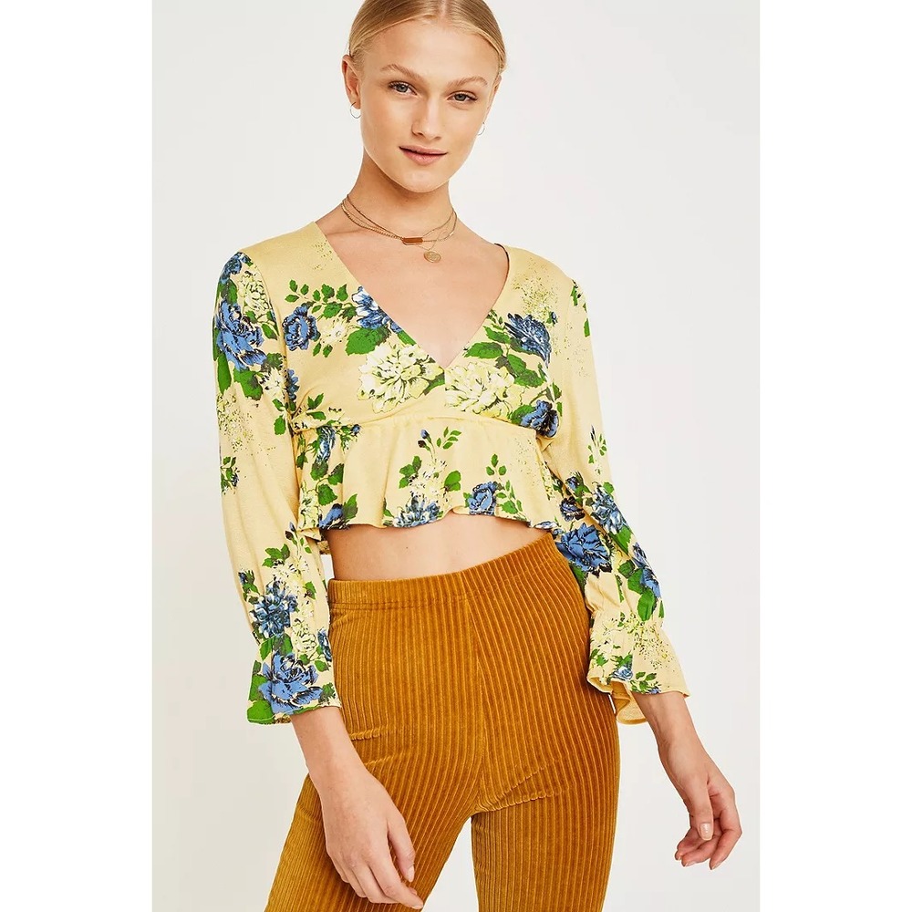 Urban Outfitters Floral Crop Top Womens M Yellow Long Sleeve Peplum V-Neck Boho
